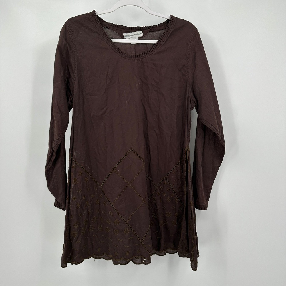 Livingston Williams Womens Boho Embroidered Top Size 1 US XS Lagenlook Brown